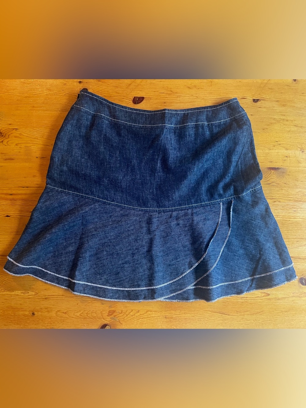 Dark Blue Denim Look- Linen and Cotton blend Mini Skirt with Curved Seam Detail